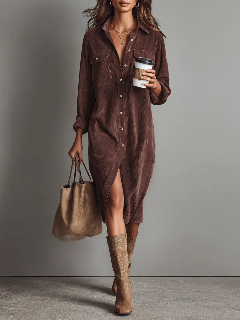 Womens corduroy shirt dress in Rust, full length front view