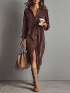 Womens corduroy shirt dress in Rust, full length front view