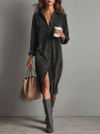 Womens corduroy shirt dress in Gray, full length front view