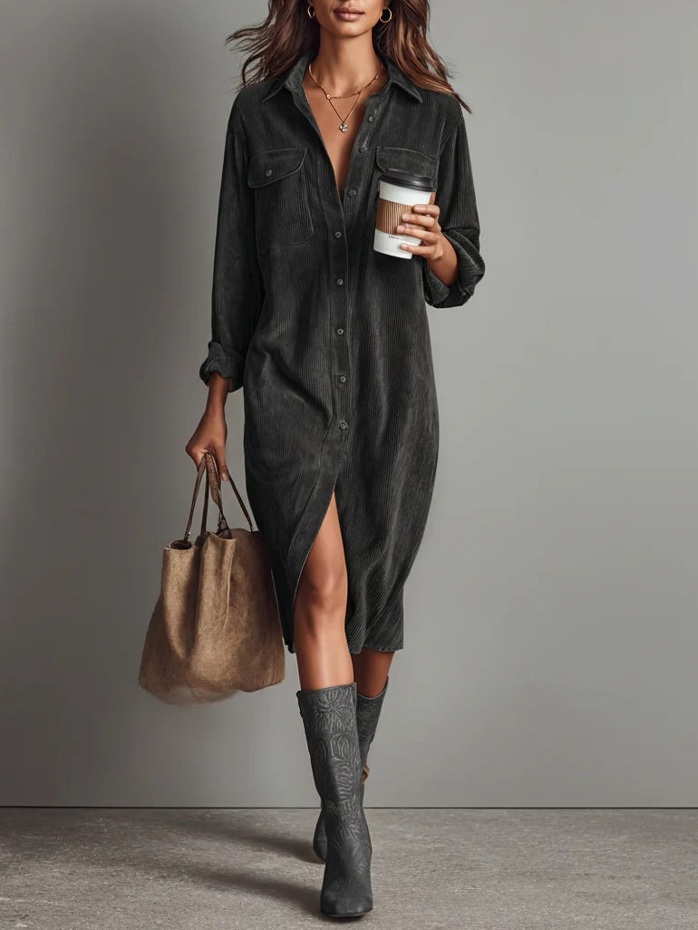 Womens corduroy shirt dress in Gray, full length front view