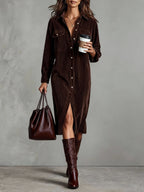 Womens corduroy shirt dress in Dark Brown, full length front view