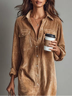 Womens corduroy shirt dress in Tan, close view of collar and chest pockets