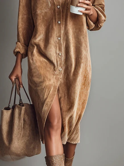 Womens corduroy shirt dress in Tan, close view of the front slit