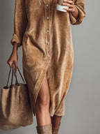 Womens corduroy shirt dress in Tan, close view of the front slit