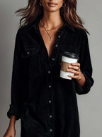 Womens corduroy shirt dress in Black, close view of collar and pockets