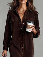 Womens corduroy shirt dress in Dark Brown, close view of collar and pockets