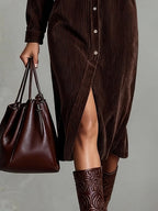 Womens corduroy shirt dress in Dark Brown, close view of the front slit