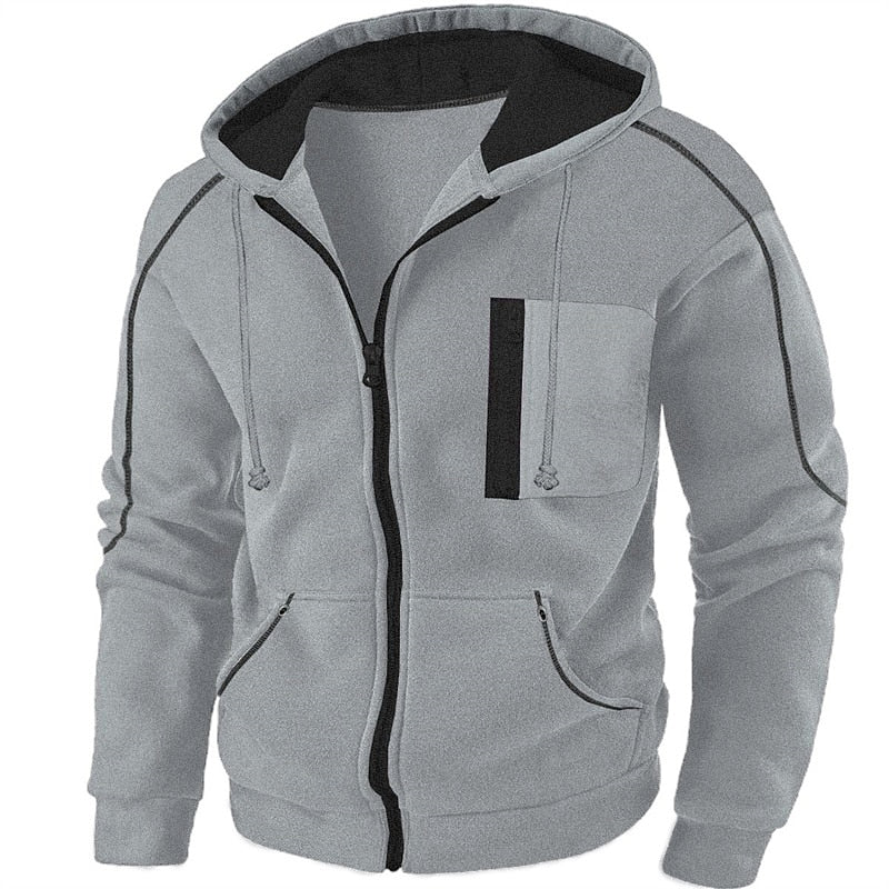 Mens zip up hoodie in Gray with black piping and zip chest pocket