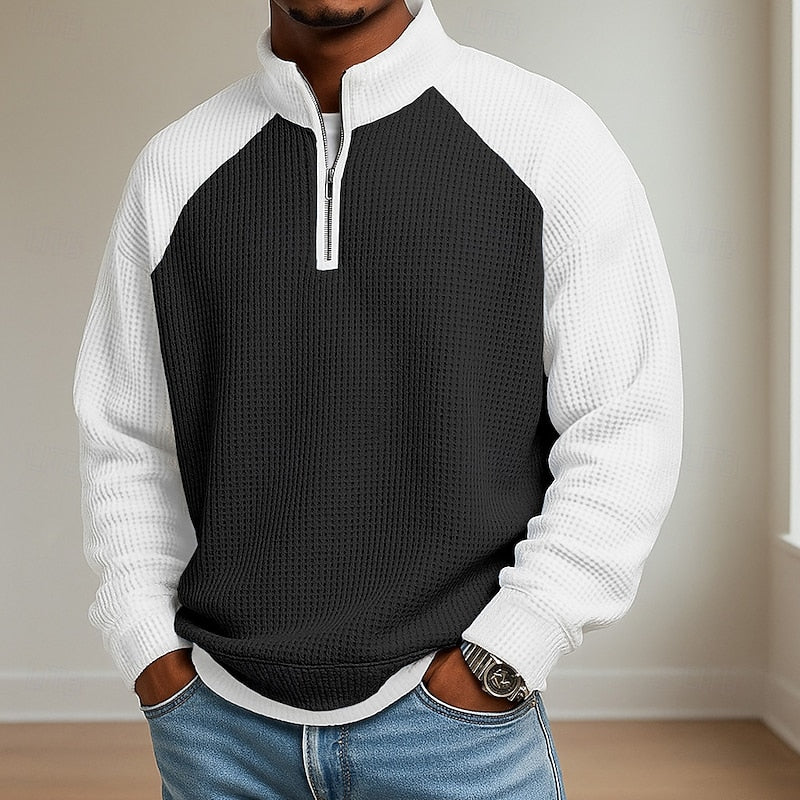 Waffle Knit Quarter Zip for Men in Black
