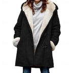 Womens winter coat in Black with sherpa lined hood and toggles