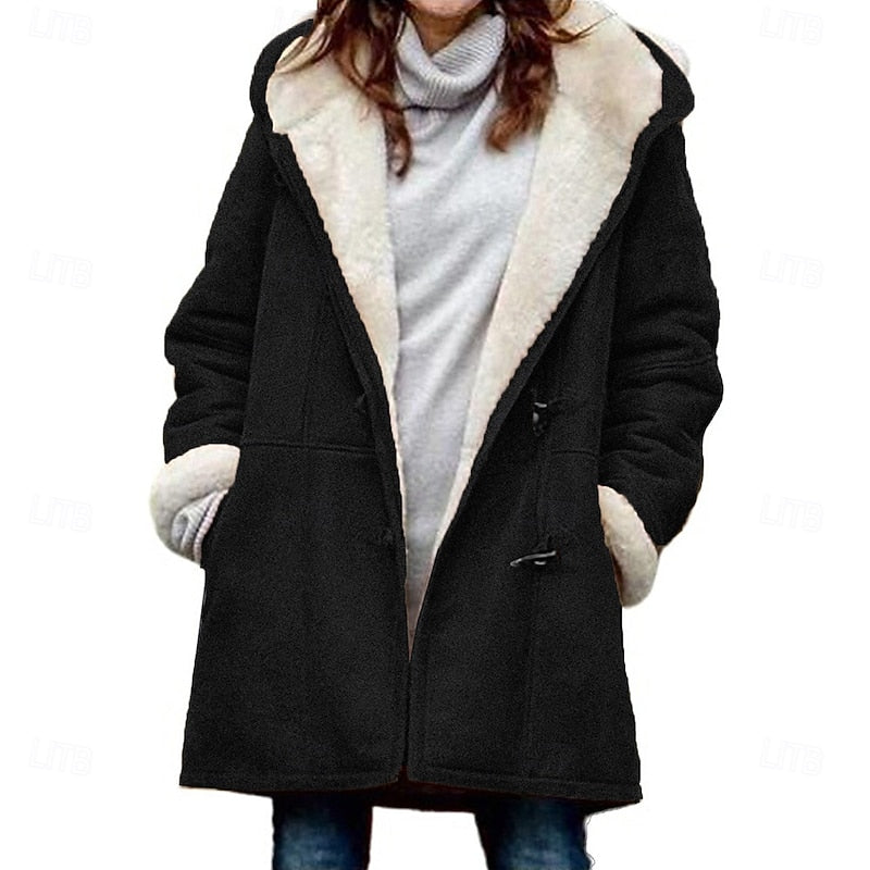 Womens winter coat in Black with sherpa lined hood and toggles