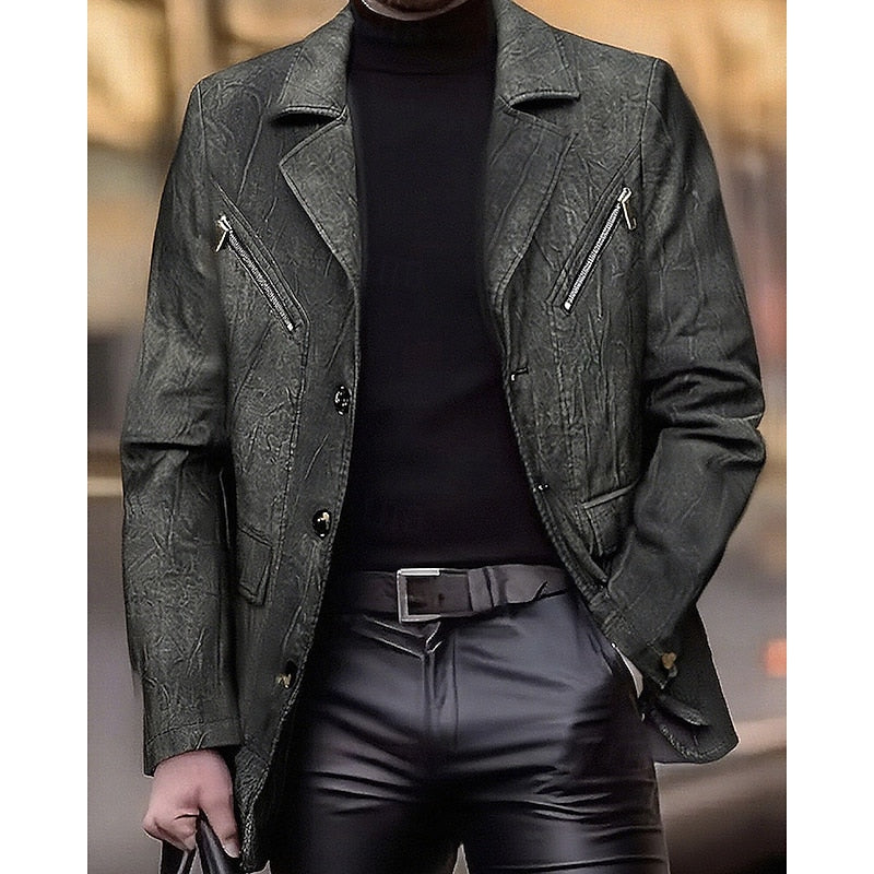 Charcoal faux Leather Blazer for Men with Button Front