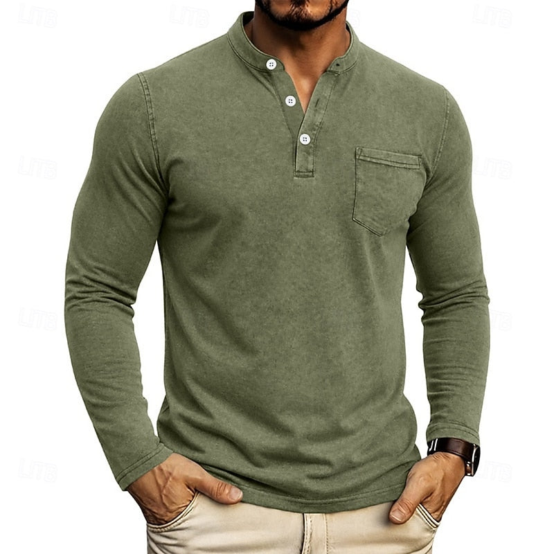 Chest Pocket Henley Shirt for Men in Olive