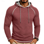 Mens pullover hoodie in Red with contrast stitching, worn