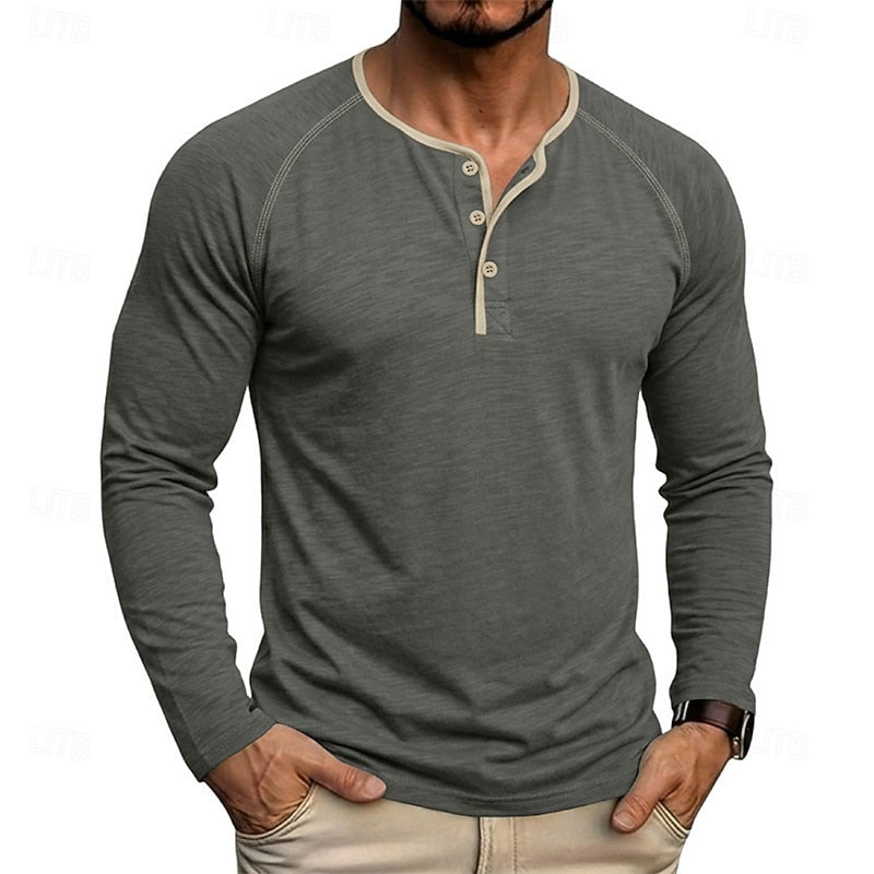 Mens henley shirt in Dark Gray, worn with khaki pants